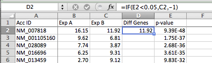 Excel X-Y plot highlight diff expressed
genes 2