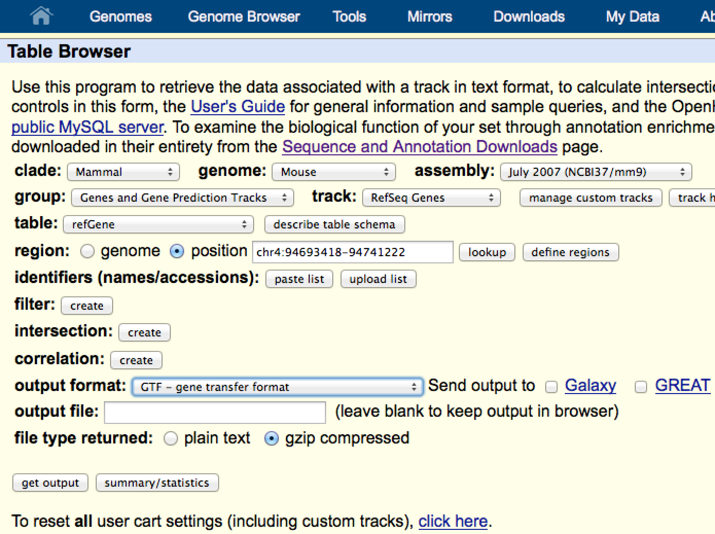 UCSC Table browser GTF
